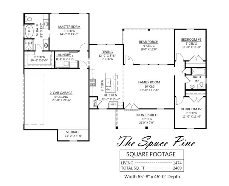 Floor plan of 'The Spruce Pine,' a single-story home with a total living area of 1,474 square feet and a total area of 2,409 square feet. The home features three bedrooms, including a master bedroom with an en-suite bathroom, and two additional bedrooms with a shared bathroom. The layout includes a family room, dining area, and kitchen with an island. There is a front porch and a rear porch, as well as a two-car garage with additional storage space. The home has 9' ceilings throughout, with a 10' ceiling in the family room and front porch.