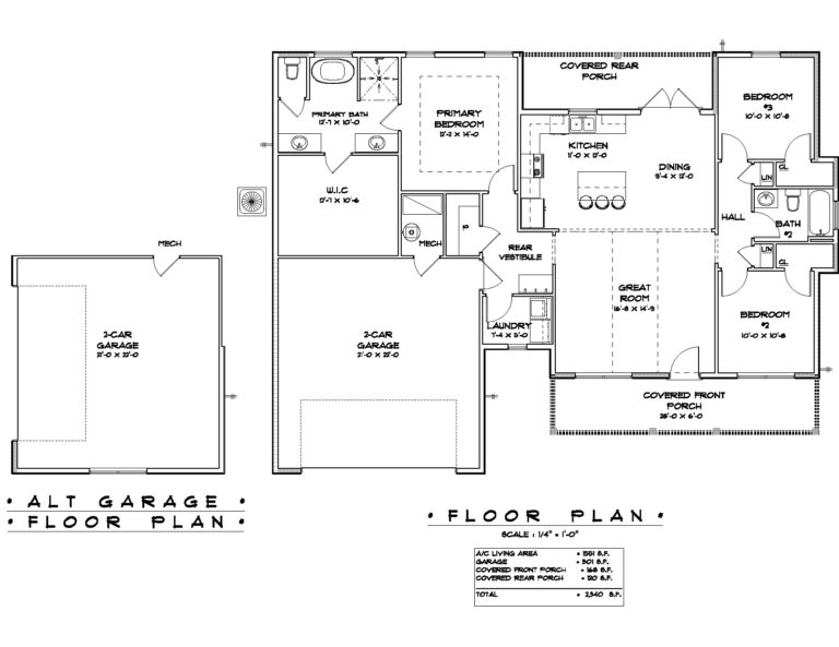 Floor plan of a house design featuring an alternate garage layout. The plan shows a primary structure with a 2-car garage measuring 21 feet by 22 feet, a covered front porch, and a covered rear porch. The main layout includes a primary bedroom with a primary bath and a walk-in closet (W.I.C.), a great room, a kitchen with an island, a dining area, and a laundry room. Two additional bedrooms (each 10 feet by 10 feet 6 inches) share a bathroom. The total area includes an A/C living area of 1,551 square feet, a garage of 501 square feet, a covered front porch of 160 square feet, and a covered rear porch of 128 square feet, totaling 2,340 square feet.