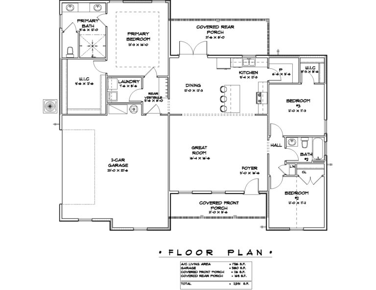 Floor plan of a house featuring a primary bedroom with a connected primary bath and walk-in closet, located on the left side of the layout. Adjacent to the primary bedroom are a laundry room and a two-car garage measuring 23 feet by 22 feet 4 inches. The central area includes a great room with dimensions of 16 feet 4 inches by 16 feet 6 inches, which opens to a covered front porch measuring 21 feet by 6 feet 4 inches and a covered rear porch measuring 21 feet 4 inches by 8 feet. The kitchen, with a pantry and an island, is located next to the dining area. On the right side of the layout are two additional bedrooms, each with its own closet, and a shared bathroom. The plan also includes a foyer and a rear vestibule for entry access.