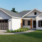 A modern farmhouse-style home with a white board-and-batten exterior and a dark gray gable roof. The house features an attached two-car garage with dark gray garage doors and windows, providing a contemporary contrast. The front entrance includes a small covered porch supported by natural wood columns and accented by large black-framed windows with dark shutters. The front yard is landscaped with a neatly manicured lawn and low shrubbery, set against a backdrop of mature trees, creating a serene suburban setting. The overall design blends classic farmhouse elements with modern updates for a stylish and inviting appearance.