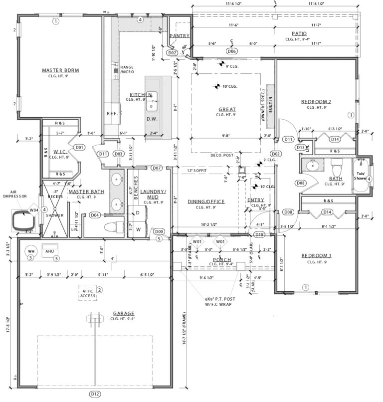 Floor plan of a modern single-story home featuring a master bedroom with an en-suite bathroom and walk-in closet, two additional bedrooms, and a shared bathroom. The central kitchen includes an island and is adjacent to a great room and dining/office area. A spacious laundry/mud room is located near the garage entrance. The design includes a large patio accessible from the great room, offering outdoor living space. The plan emphasizes open living areas with convenient access to essential spaces, combining functionality with a contemporary layout.