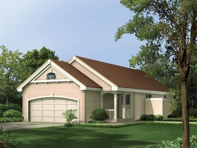 A cozy single-story ranch-style home with a light beige exterior and brown shingled roof. The house features an attached two-car garage with a curved arch design on the garage door, a small covered front porch with two white columns, and a well-maintained green lawn surrounded by trees and shrubs. The front gable roof and simple architectural lines add to the home's traditional appeal, blending modern functionality with classic design elements. The house is set in a peaceful suburban environment with lush greenery.