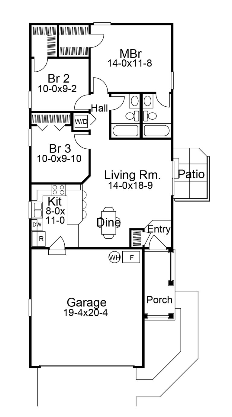 Floor plan of a compact single-story home featuring a master bedroom (MBr) with an en-suite bathroom, two additional bedrooms (Br 2 and Br 3), and a shared bathroom. The layout includes a central living room (Living Rm) adjacent to a dining area (Dine) and a kitchen (Kit) with modern amenities. The home also offers a covered porch (Porch) entry, a patio for outdoor living, and a single-car garage. The design emphasizes efficient use of space, making it ideal for small families or individuals seeking a cozy living environment.