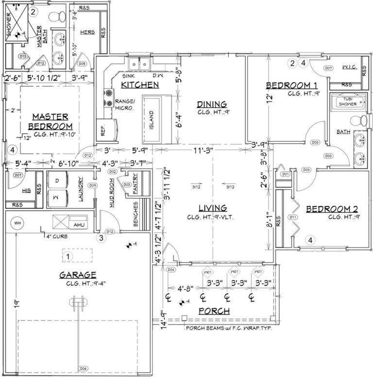 Floor plan of a spacious single-story home with a master bedroom featuring a large en-suite bathroom and walk-in closet. The layout includes two additional bedrooms, a shared bathroom, a central kitchen with an island, and adjacent dining and living areas with a vaulted ceiling. A laundry room, mudroom, pantry, and a two-car garage are conveniently positioned. The home also offers a front porch, perfect for outdoor seating and relaxation. This design emphasizes comfort and functionality, with open living spaces and private sleeping quarters.