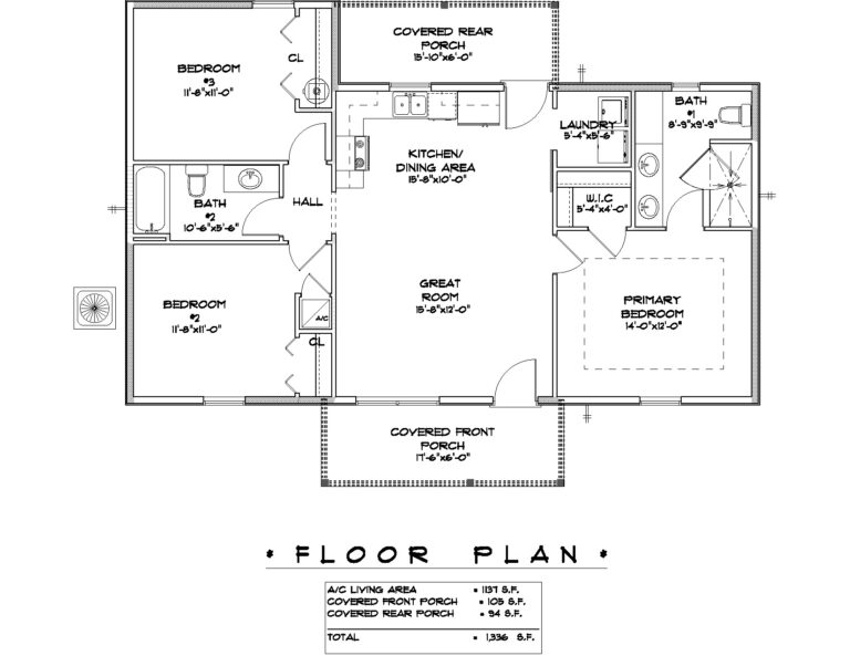 Floor plan of a single-story home with a total area of 1,336 square feet, featuring a primary bedroom with an en-suite bathroom and walk-in closet, two additional bedrooms, and a shared bathroom. The layout includes a great room, a kitchen with a dining area, a laundry room, and covered front and rear porches. The great room is centrally located, connecting to the kitchen and dining area. The plan also shows designated spaces for a utility closet and air conditioning unit.