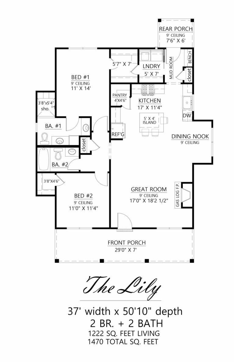 Floor plan of 'The Lily' house design, measuring 37 feet in width and 50 feet 10 inches in depth. The layout features 2 bedrooms and 2 bathrooms, with a total living area of 1,222 square feet and a total square footage of 1,470. The plan includes a front porch, a great room with a gas log fireplace, a kitchen with an island, a dining nook, and a laundry room with access to a small rear porch. Bedroom #1 is 11 feet by 14 feet, and Bedroom #2 is 11 feet by 11 feet 4 inches, each with access to a separate bathroom. The design also features a mudroom with a bench and a closet.