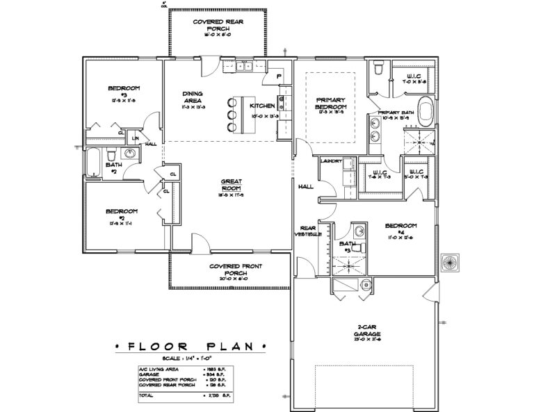 Floor plan of a spacious home totaling 2,785 square feet. The layout includes a primary bedroom with an en-suite bathroom and two walk-in closets, three additional bedrooms, and two more bathrooms. The central living area features a great room, a dining area, and a kitchen with a large island. The home also includes a laundry room, a covered front porch, and a covered rear porch for outdoor living. A 2-car garage is attached, providing ample space for parking and storage. The design focuses on an open and functional living space, ideal for family living and entertaining.