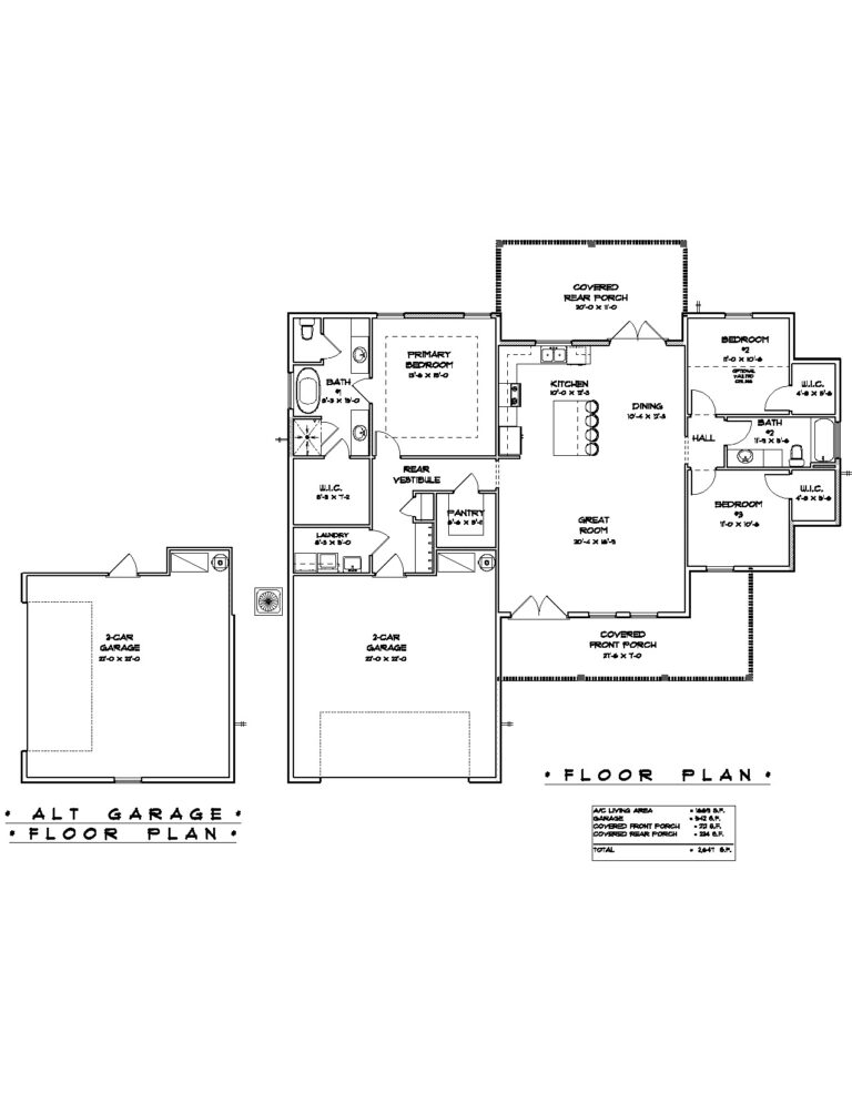 Floor plan of a house design featuring an alternate garage layout. The plan includes a primary structure with a 2-car garage (21 feet by 22 feet), a covered front porch, and a covered rear porch. Inside, there is a primary bedroom with an en-suite bath and walk-in closet (W.I.C.), a rear vestibule, pantry, laundry room, and a great room. The kitchen includes an island, adjacent to the dining area. Two additional bedrooms each have a walk-in closet and share a bathroom. The total area includes an A/C living area of 1,561 square feet, a garage of 501 square feet, a covered front porch of 168 square feet, and a covered rear porch of 112 square feet, totaling 2,342 square feet.