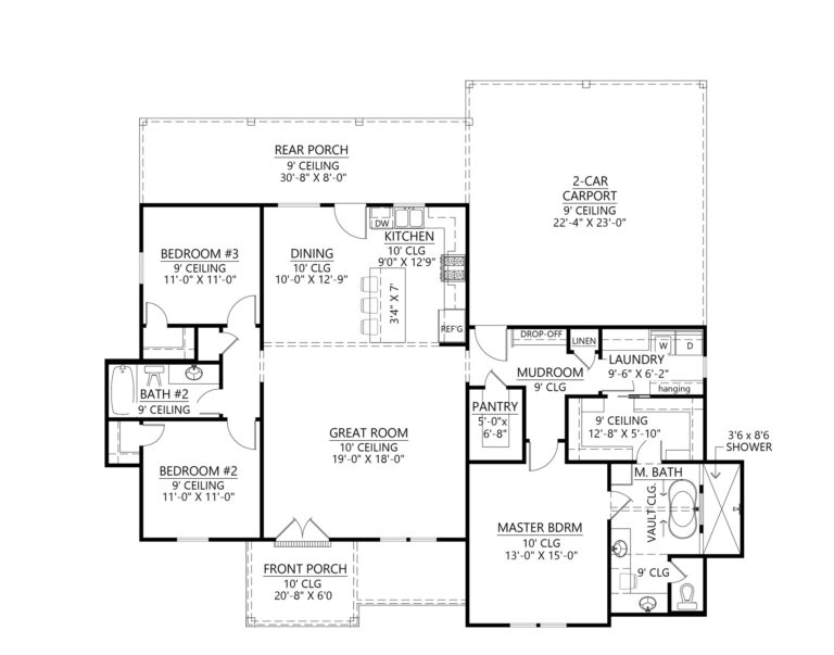 Floor plan of a house featuring a 2-car carport with a 9-foot ceiling, located adjacent to a mudroom and laundry area. The master bedroom, with dimensions of 13 feet by 15 feet, includes a master bath with a shower and a walk-in closet. The layout also includes a great room measuring 19 feet by 18 feet, a dining area, a kitchen with an island, and two additional bedrooms, each 11 feet by 11 feet, that share a bathroom. A rear porch with a 9-foot ceiling is situated behind the dining area and kitchen. The front porch, measuring 20 feet 8 inches by 6 feet, is accessible from the great room. The overall design emphasizes an open living space with convenient access to both indoor and outdoor areas.