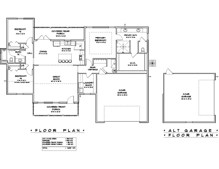 The floor plan image shows a spacious single-story layout featuring a large great room centrally located, adjacent to the kitchen and dining area. The kitchen is equipped with an island and pantry, providing ample space for meal preparation and storage. The primary bedroom is situated on the right side of the plan, complete with an en-suite bathroom and a walk-in closet (W.I.C.). Two additional bedrooms and a shared bathroom are located on the left side. The layout includes a covered front porch, covered rear porch, and a laundry room connected to a rear vestibule leading to a 2-car garage. An alternate garage floor plan is also displayed. The total living area is 1860 square feet, with additional square footage for the garage and porches, bringing the total to 2600 square feet.